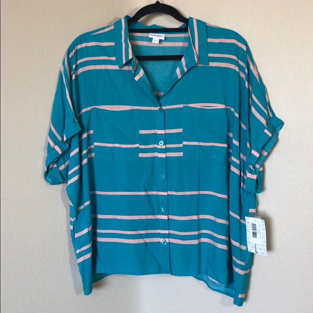 NWT teal/cream striped L Lularoe Amy buttoned top